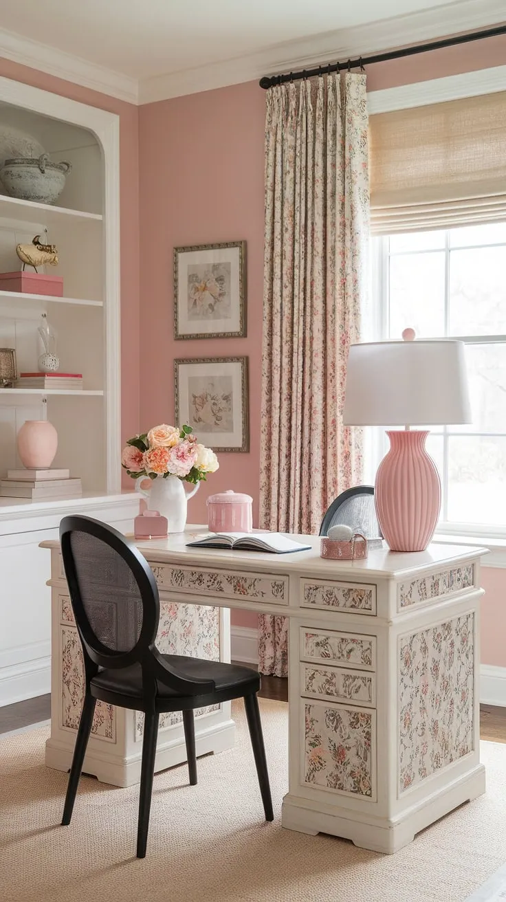 Dreamy details and effortless style define this French country home office.  The feminine farmhouse office desk is the perfect centerpiece, showcasing cottage style office ideas that inspire creativity and calm.