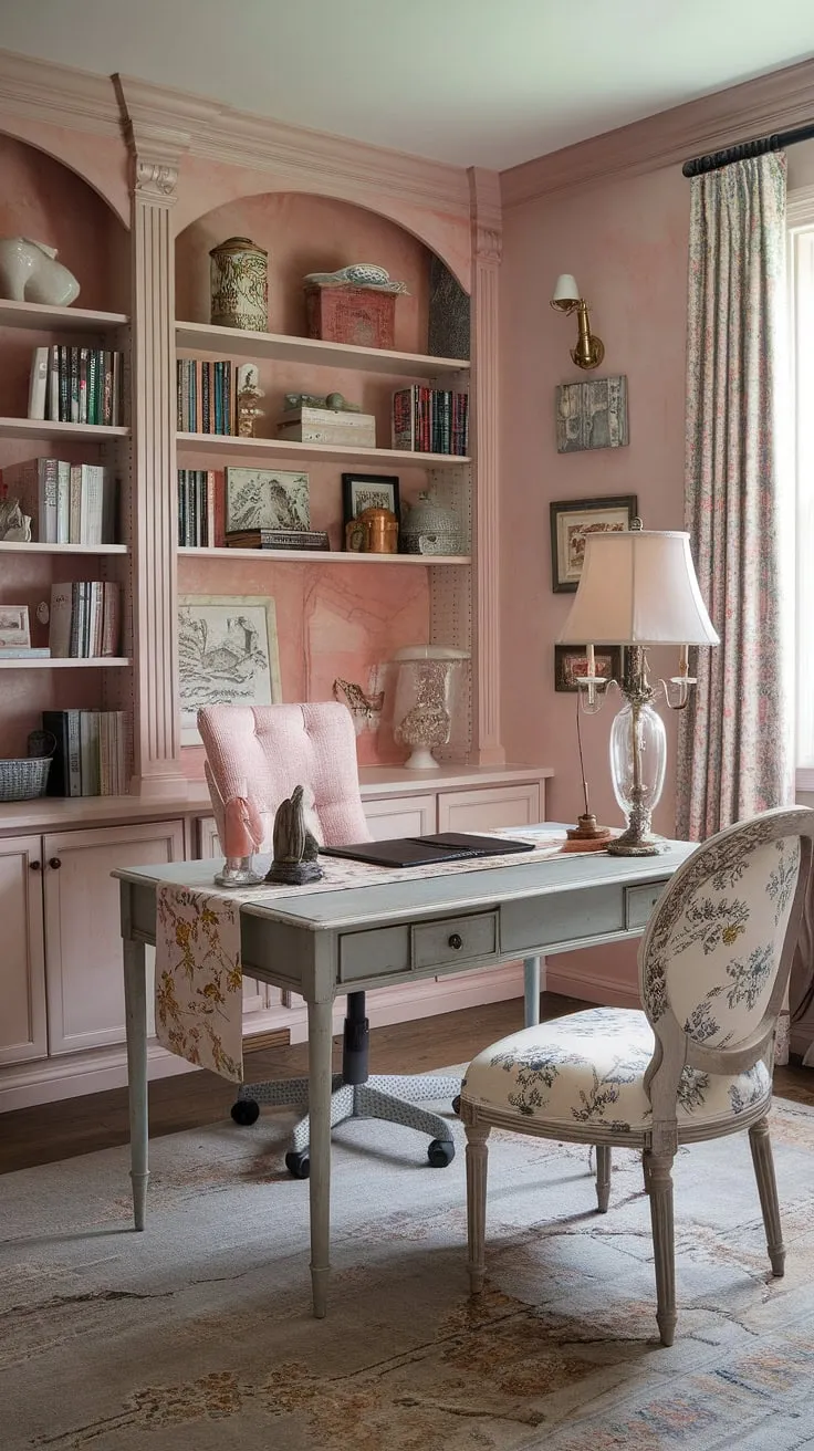 Find your focus in this dreamy feminine farmhouse office.  Soft pink walls, a floral patterned chair, and a beautifully styled french country office desk combine to create a space that's both elegant and inviting.  Get inspired by these cottage style office ideas for your own french country home office.