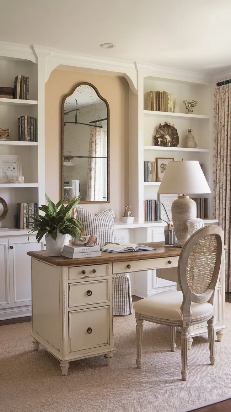 Dreamy details and effortless style define this French country home office.  The feminine farmhouse office desk is the perfect centerpiece, showcasing charming cottage style office ideas for a space that's both productive and peaceful.