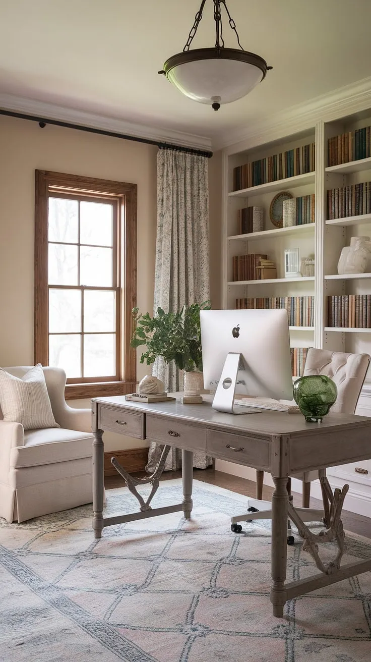 Dreamy workspace vibes in this feminine farmhouse office, blending the charm of a French country home office with cottage style office ideas.  The French country office desk is the perfect centerpiece.