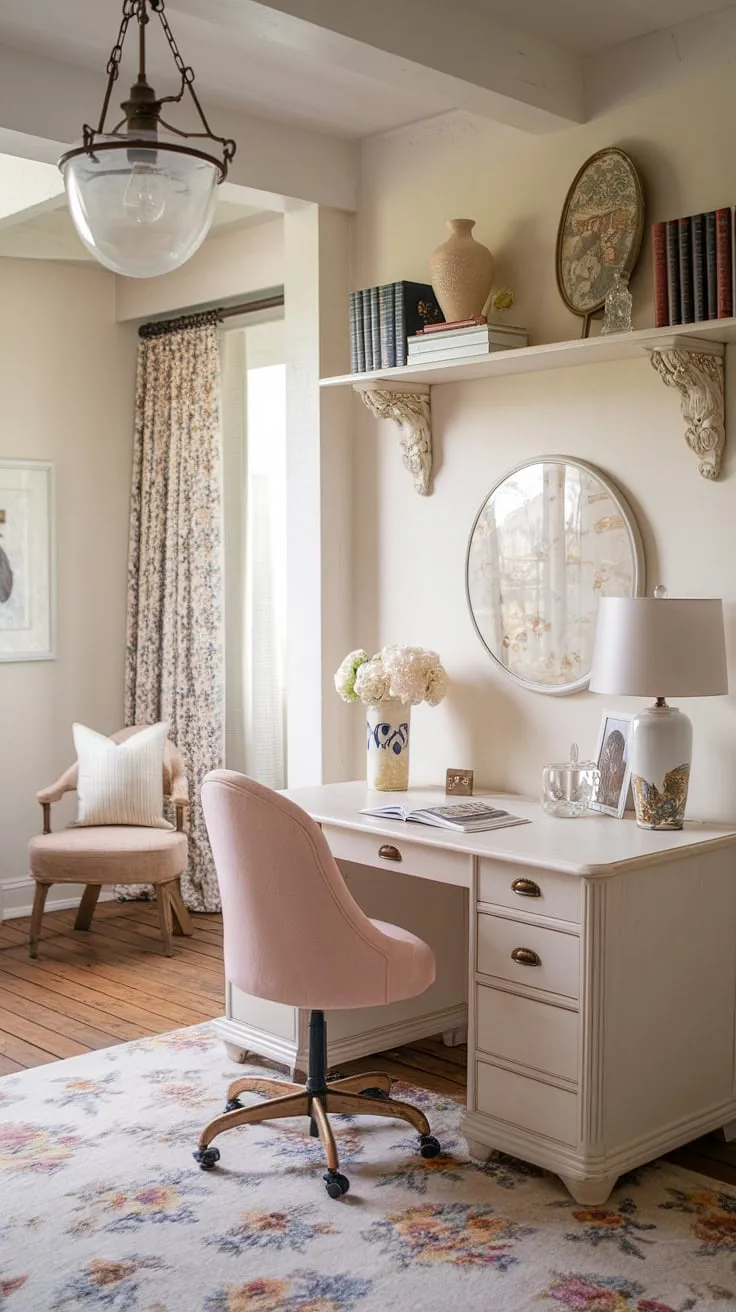 Dreamy details and effortless style define this feminine farmhouse office, a perfect blend of French country home office charm and cottage style office ideas. The French country office desk is the heart of this inspiring workspace.