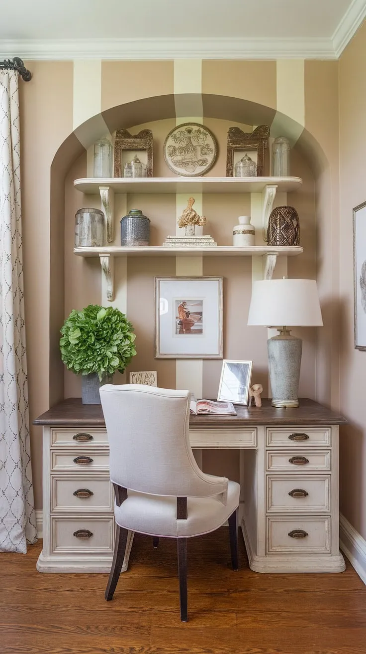 This french country home office embodies the perfect blend of feminine farmhouse style and practical workspace. The french country office desk, nestled against the subtly striped walls, is adorned with carefully chosen accents.  Find inspiration in these cottage style office ideas and create your own tranquil haven for work and creativity.