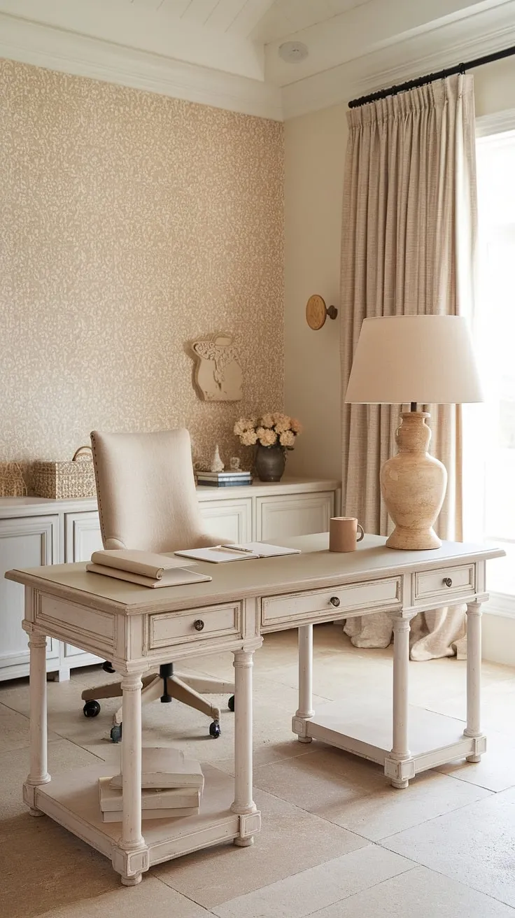 This French country home office embodies effortless elegance.  The French country office desk, styled with delicate details, offers a serene workspace reflecting feminine farmhouse office design and inspiring cottage style office ideas.