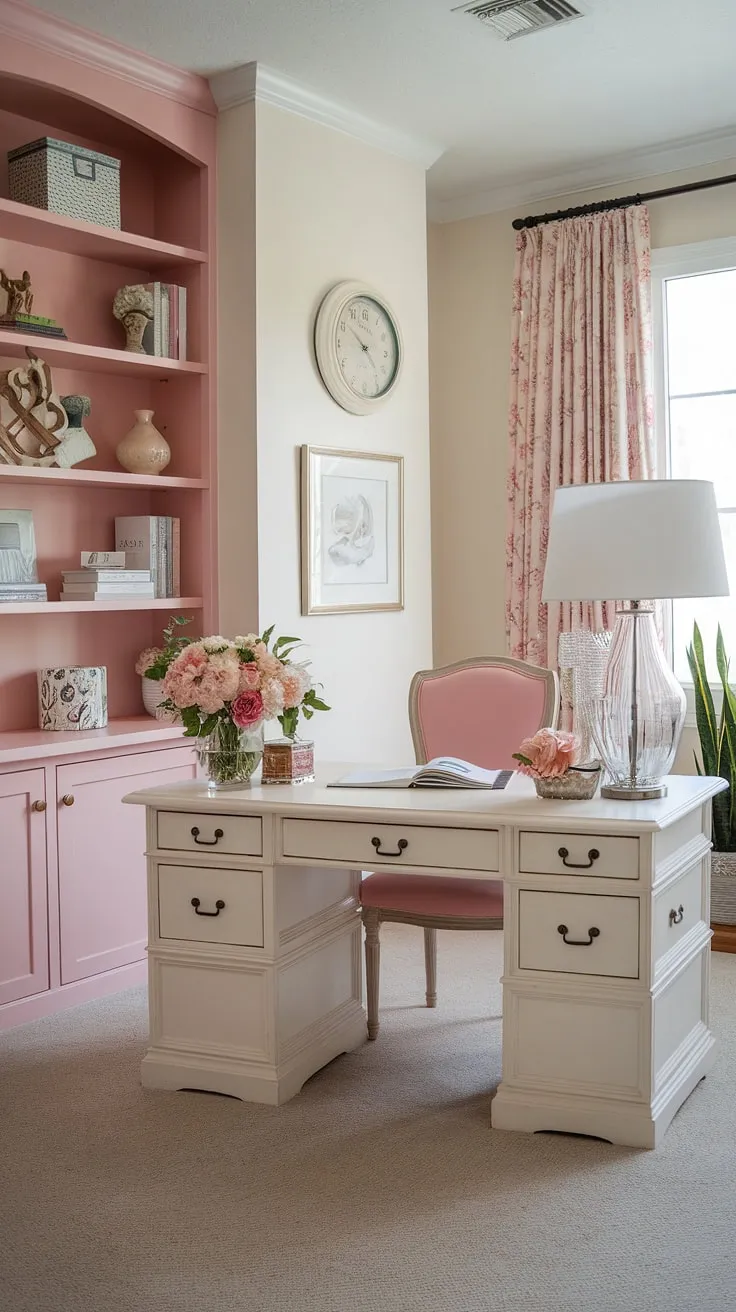 Dreamy details and a touch of French country charm define this feminine farmhouse office. The perfect blend of cottage style office ideas and practical workspace.