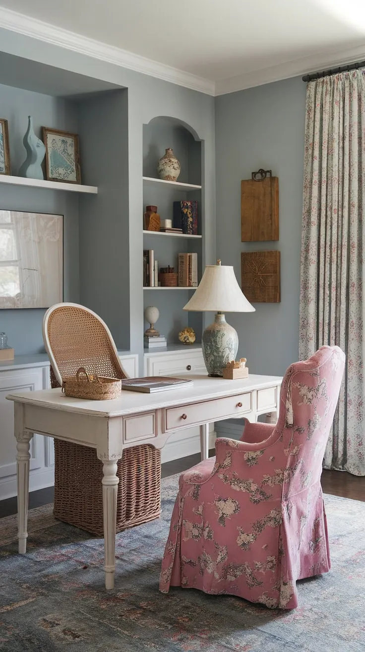 This French country home office embodies feminine farmhouse style.  A beautiful French country office desk, a pink floral chair, and charming details combine to create the perfect blend of practicality and pretty. Find inspiration for your own cottage style office ideas in this tranquil space.