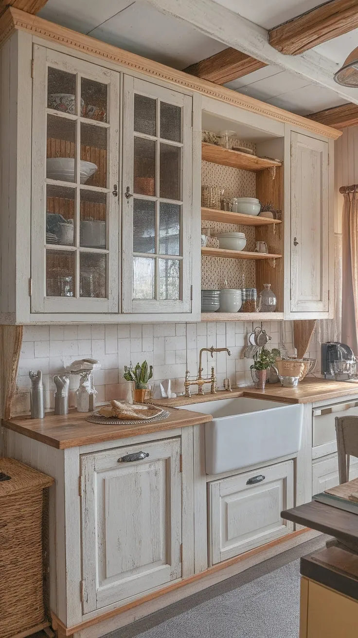 This French kitchen embodies the spirit of a French farmhouse, showcasing rustic kitchen cabinets and a cottage kitchen feel.  The shabby chic decor adds a touch of effortless charm to this farmhouse interior design, creating a space that's both inviting and undeniably French country.
