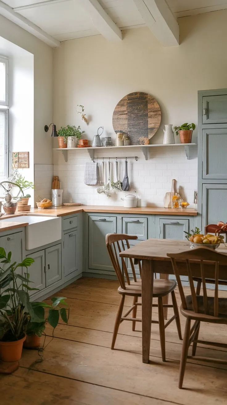 Step into this charming French country kitchen, where rustic kitchen cabinets and a farmhouse interior design create a space brimming with rustic elegance. The French kitchen's shabby chic decor and cottage kitchen feel are perfectly complemented by the warm wood floors and a touch of greenery.
