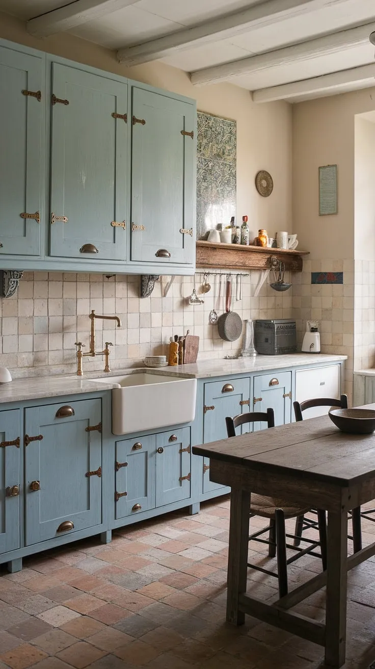 Step into a dream: a French kitchen infused with rustic charm.  These shabby chic decor accents and farmhouse interior design elements perfectly complement the beautiful French country kitchen and its cottage kitchen feel.