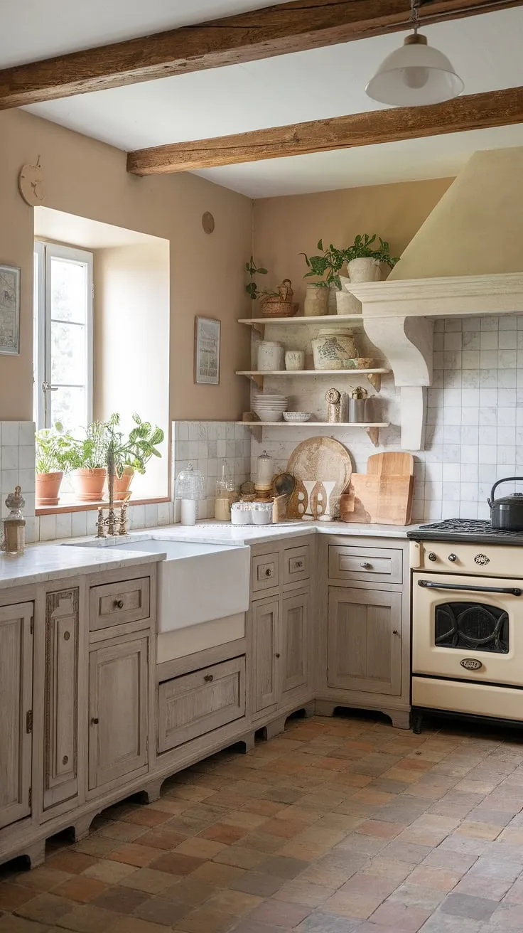 This French kitchen embodies the perfect blend of French farmhouse and cottage kitchen styles.  The rustic kitchen cabinets, white marble countertops, and exposed wooden beams contribute to the overall farmhouse interior design, while the shabby chic decor adds a touch of unique personality to this idyllic space.