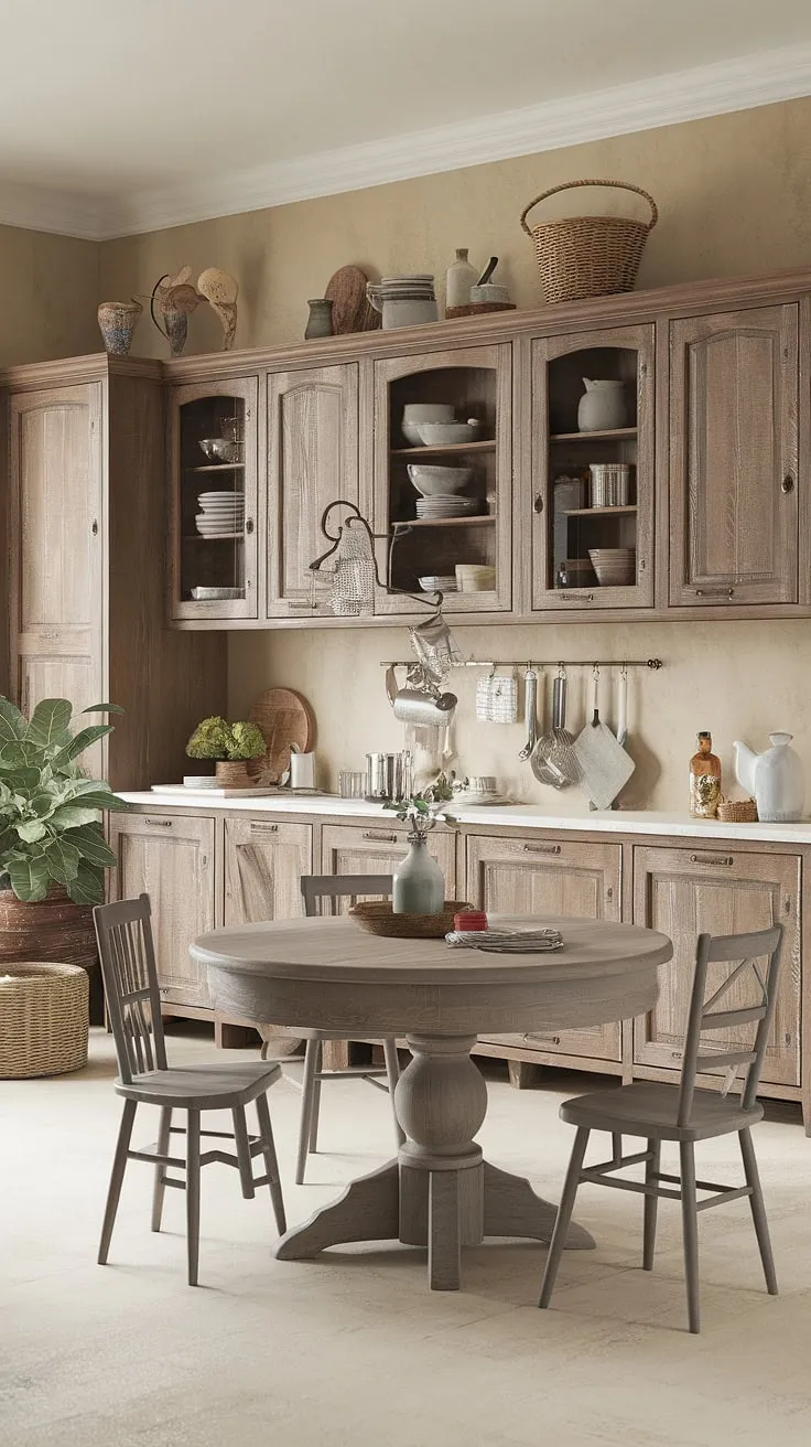 This French kitchen embodies the spirit of a French farmhouse, showcasing rustic kitchen cabinets and a warm, inviting atmosphere.  The shabby chic decor and cottage kitchen elements blend seamlessly, creating a truly delightful farmhouse interior design.