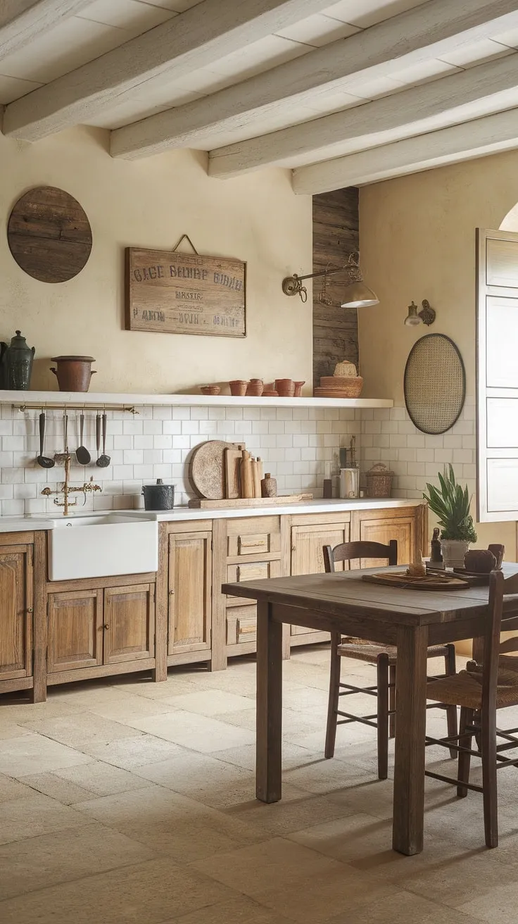 The heart of this French country kitchen, with its rustic kitchen cabinets and farmhouse interior design, whispers tales of simpler times.  The shabby chic decor and cottage kitchen charm create a space that's both inviting and effortlessly elegant.  A true French farmhouse dream.