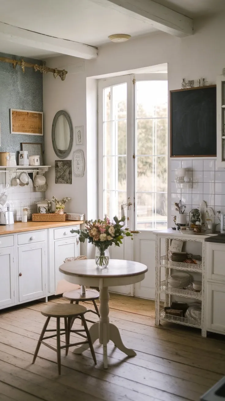 The heart of this French farmhouse, a cottage kitchen brimming with rustic kitchen cabinets and shabby chic decor.  Every detail whispers of French country kitchen charm, a testament to farmhouse interior design at its finest.