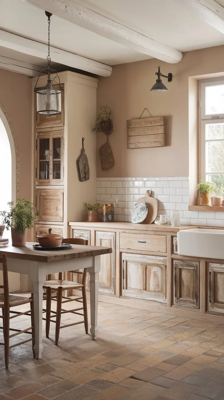 This French kitchen embodies the spirit of a French farmhouse, showcasing rustic kitchen cabinets and a cottage kitchen aesthetic. The farmhouse interior design, complete with shabby chic decor, creates a space that's both beautiful and functional.  A perfect blend of French country kitchen style and cozy comfort.
