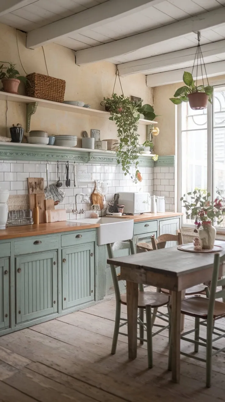 The heart of this French farmhouse, a cottage kitchen brimming with rustic kitchen cabinets and shabby chic decor.  The epitome of French country kitchen charm.