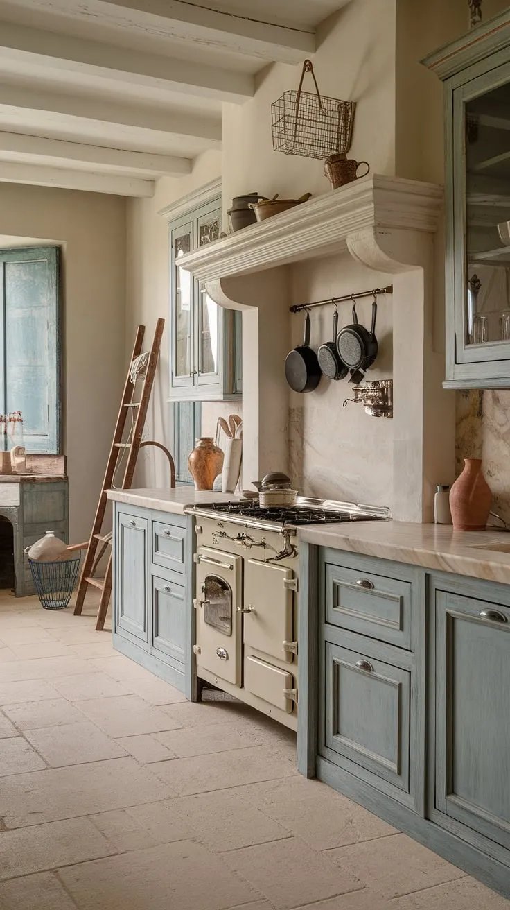 This French kitchen embodies the spirit of a French farmhouse.  Rustic kitchen cabinets painted a delicate blue, combined with marble countertops and a vintage stove, create the perfect cottage kitchen setting.  The shabby chic decor and farmhouse interior design details, like the leaning ladder, complete this idyllic space.