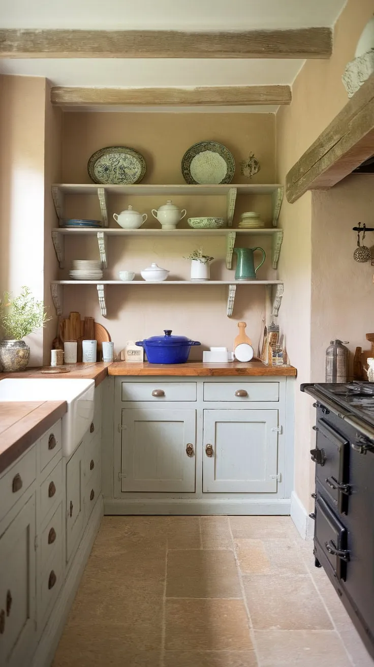 Step into a world of rustic elegance. This French kitchen, with its farmhouse interior design and charming shabby chic details, embodies the spirit of a French country kitchen in every detail.