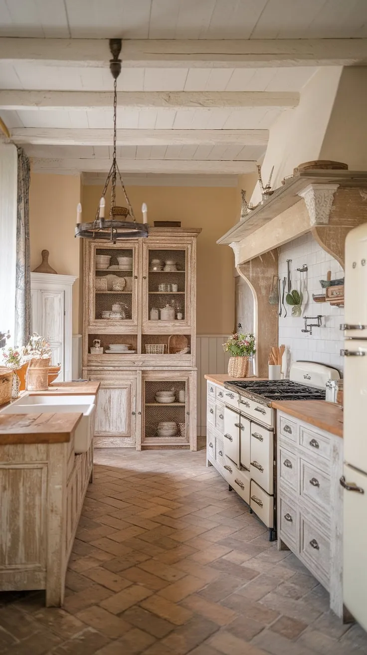The heart of this French country kitchen, with its rustic kitchen cabinets and farmhouse interior design, whispers tales of simpler times.  The shabby chic decor and cottage kitchen charm create a space that's both inviting and effortlessly elegant.  A true French farmhouse dream.