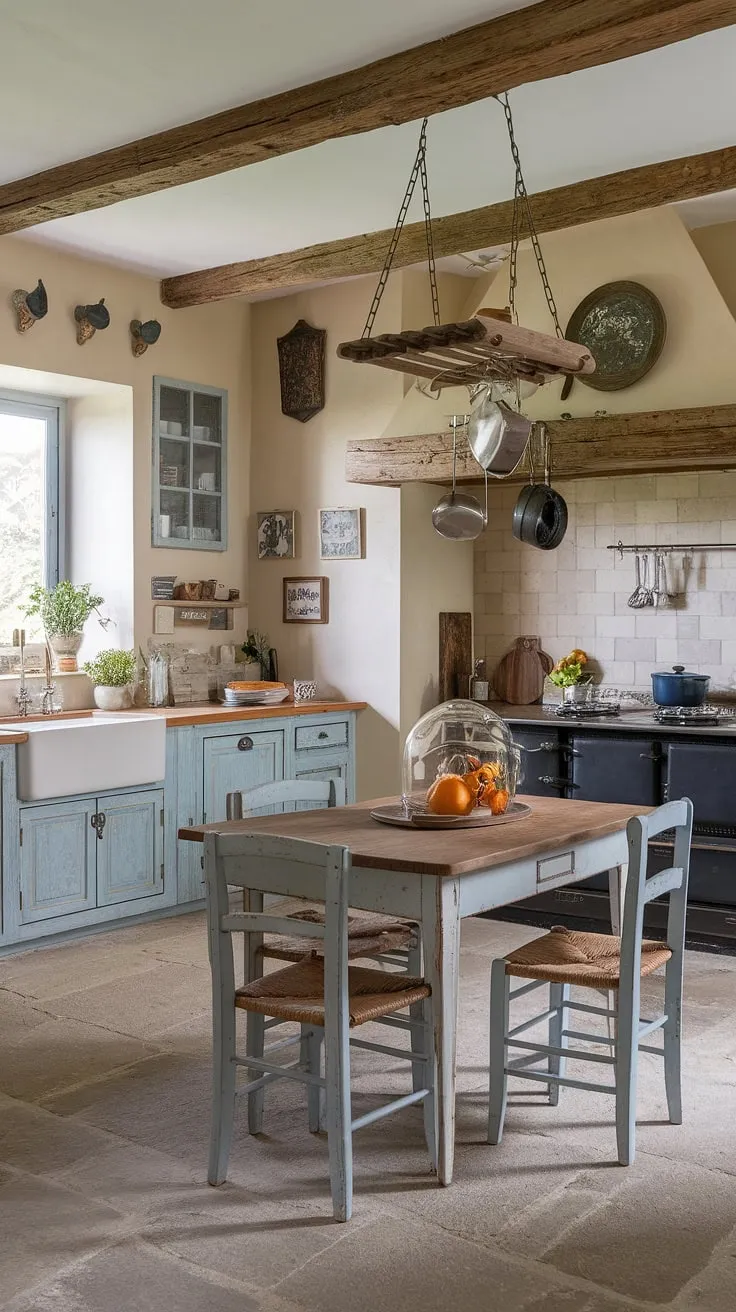 The heart of this French farmhouse, a cottage kitchen brimming with rustic kitchen cabinets and shabby chic decor.  The epitome of French country kitchen charm.