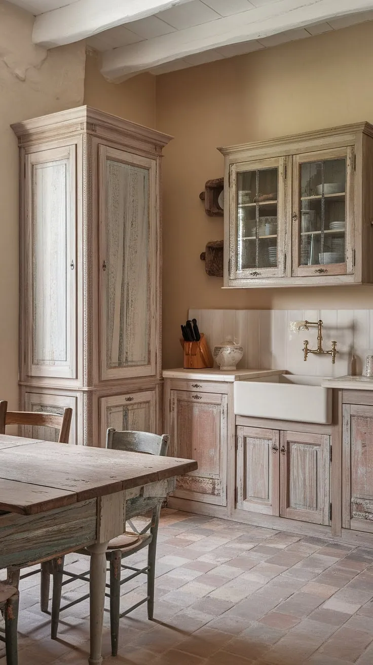 The heart of this French farmhouse, a cottage kitchen brimming with rustic kitchen cabinets and shabby chic decor.  Every detail whispers of French country kitchen charm.