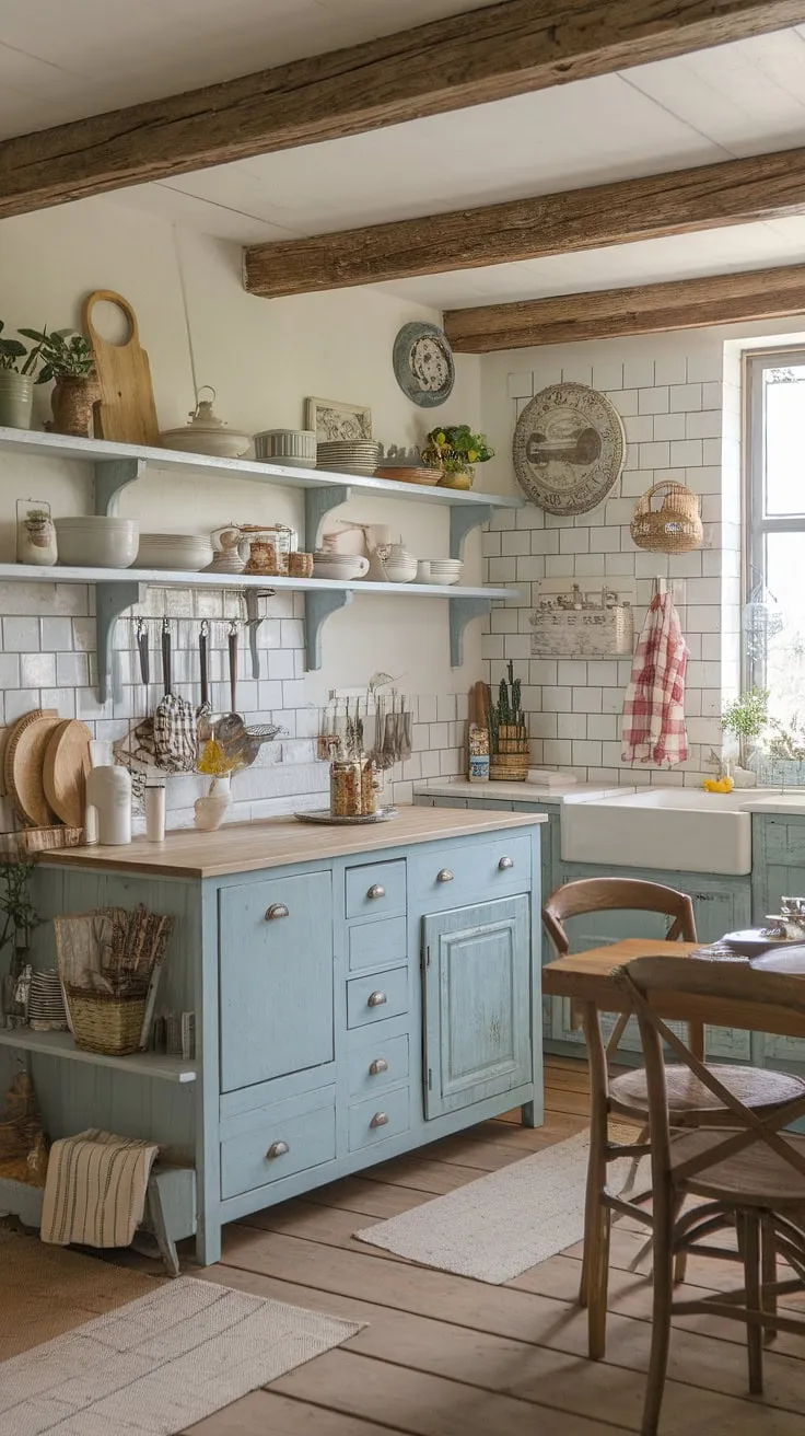 This shabby chic decor perfectly captures the essence of a French country kitchen.  Rustic kitchen cabinets and a farmhouse interior design blend seamlessly with the French kitchen and French farmhouse influences, creating a delightful cottage kitchen atmosphere.