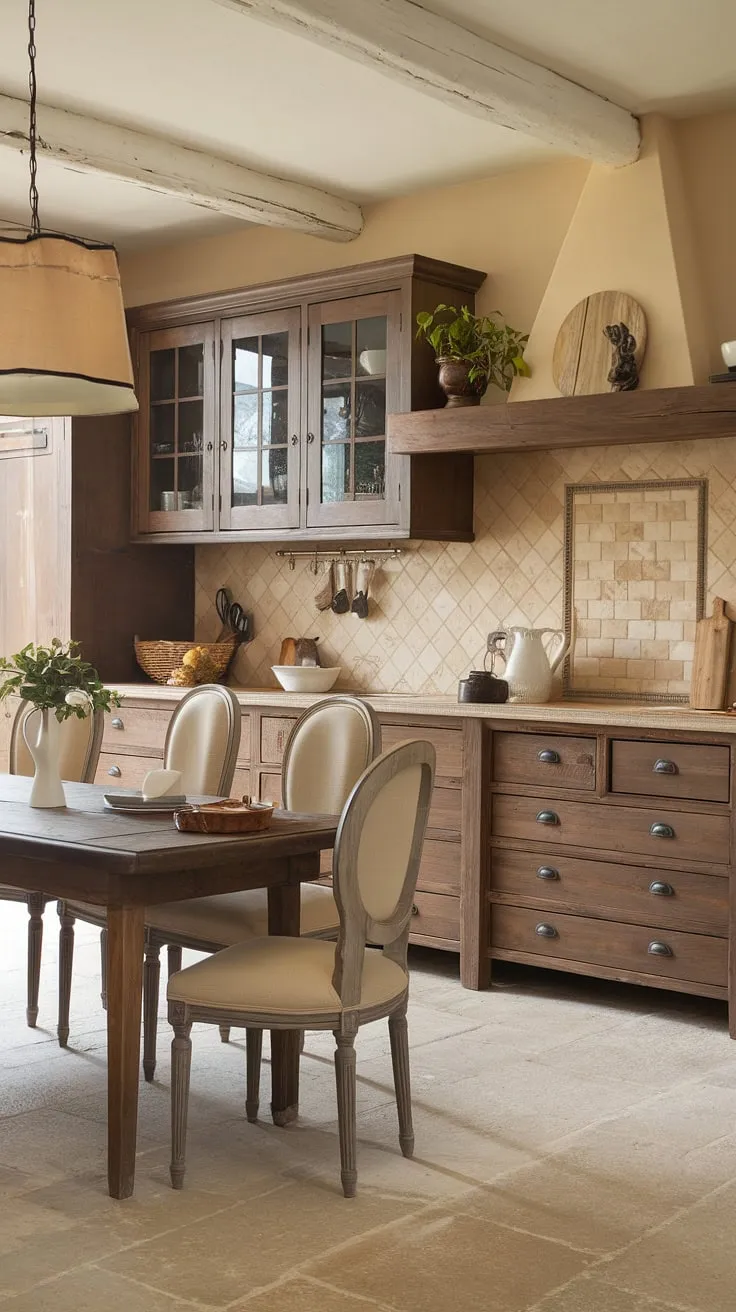 The heart of this French country kitchen, with its rustic kitchen cabinets and farmhouse interior design, whispers tales of simpler times.  The shabby chic decor and cottage kitchen charm create a space that's both inviting and effortlessly elegant.  A true French farmhouse dream.