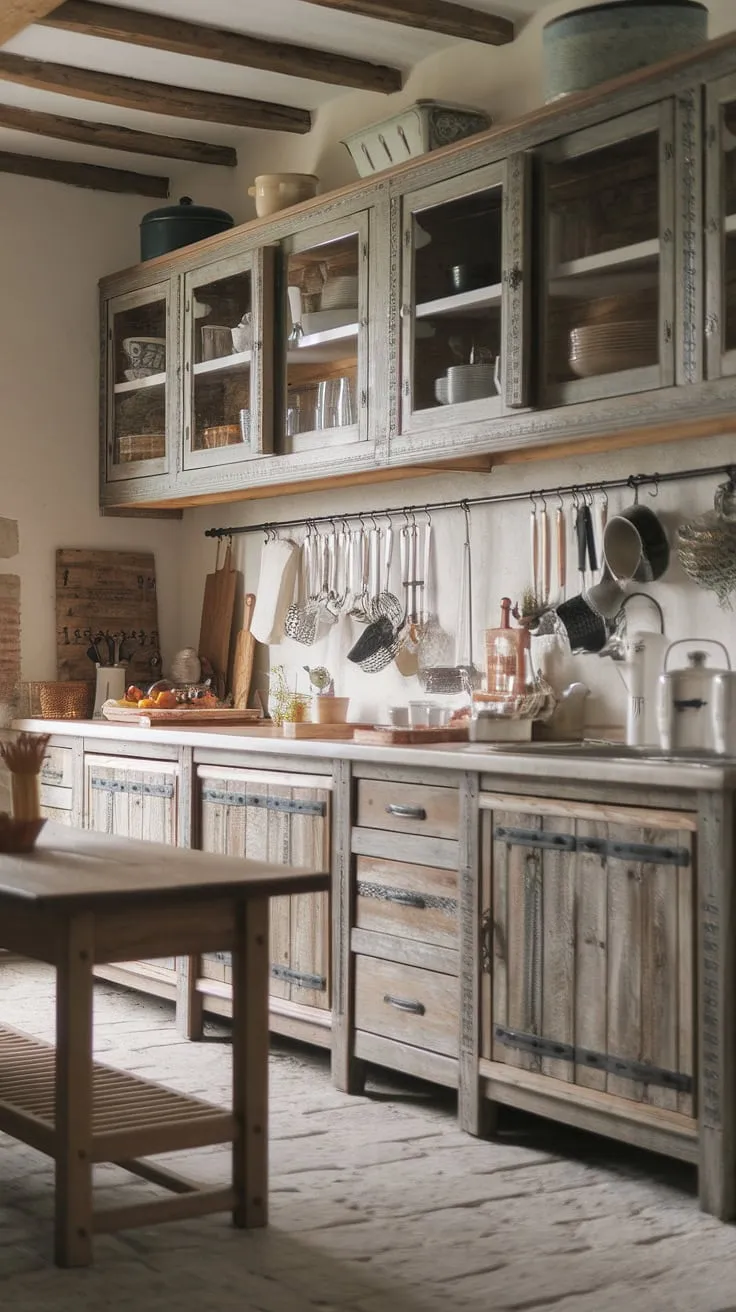 The heart of this French farmhouse, a cottage kitchen brimming with rustic kitchen cabinets and shabby chic decor.  Every detail whispers of French country kitchen charm, a testament to farmhouse interior design at its finest.