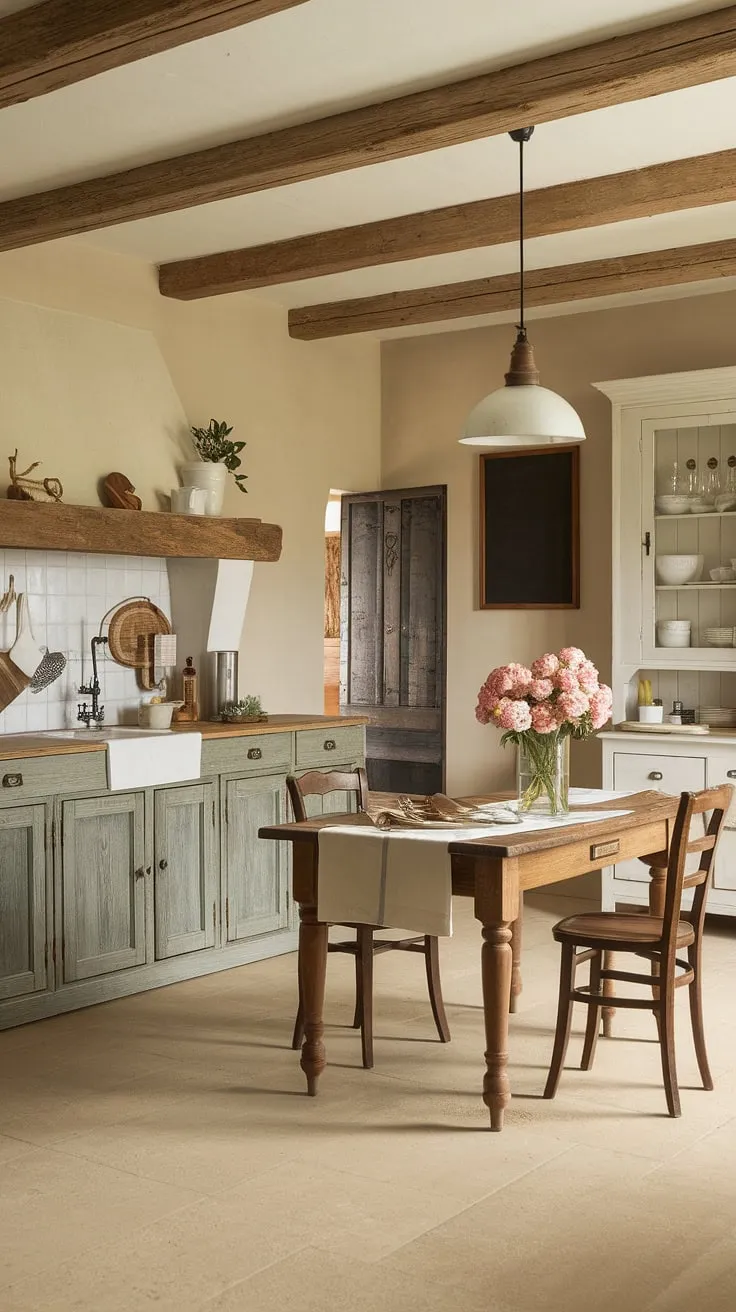This French farmhouse kitchen embodies the essence of cottage living.  Rustic kitchen cabinets and shabby chic decor blend seamlessly with the classic French kitchen style, creating a warm and inviting farmhouse interior design.