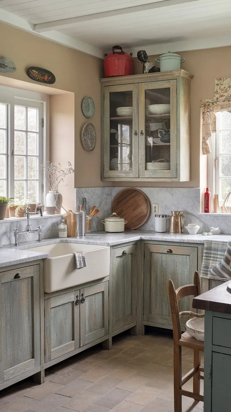 The heart of this French farmhouse, a cottage kitchen brimming with rustic kitchen cabinets and shabby chic decor.  The epitome of French country kitchen charm.