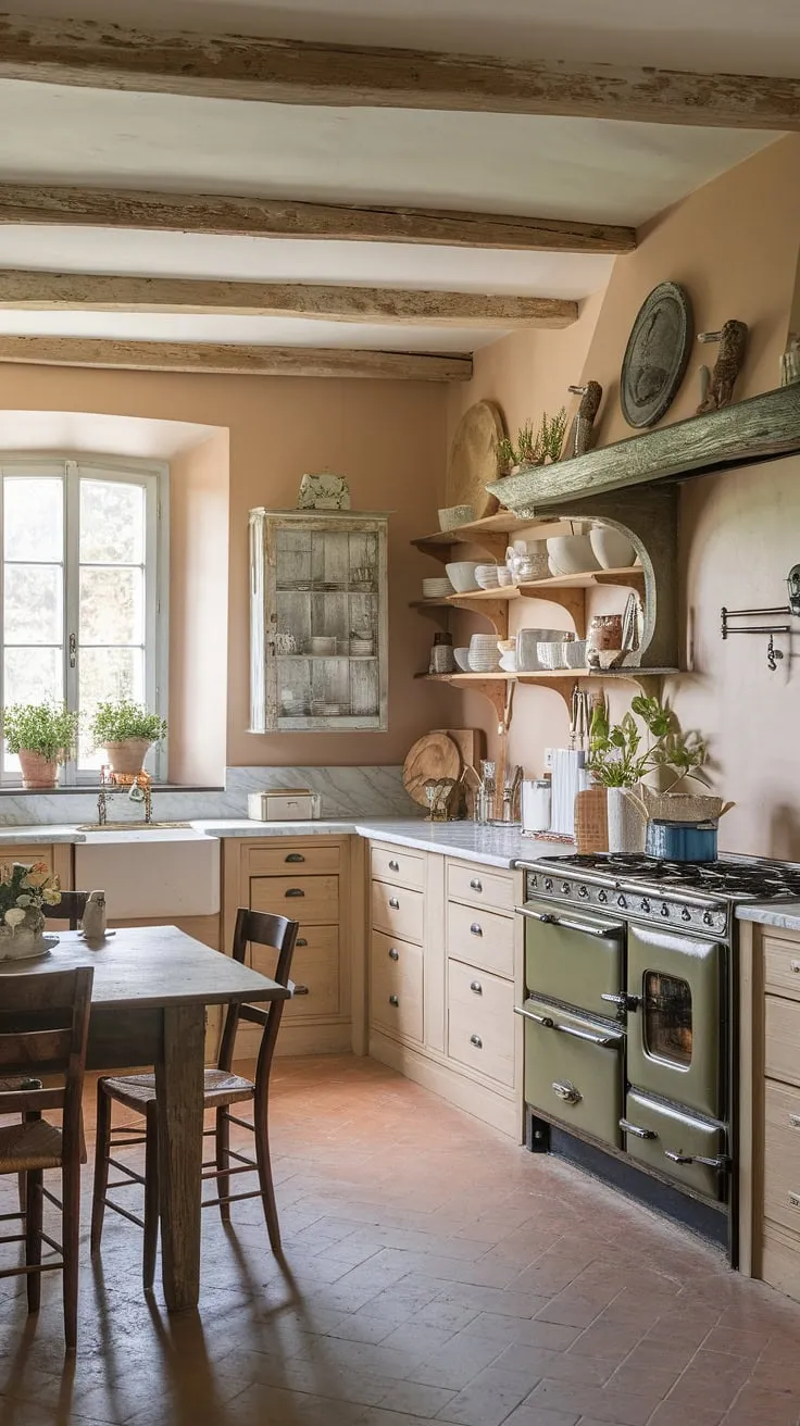 The heart of this French farmhouse, a cottage kitchen brimming with rustic kitchen cabinets and shabby chic decor.  Every detail whispers of French country kitchen charm.