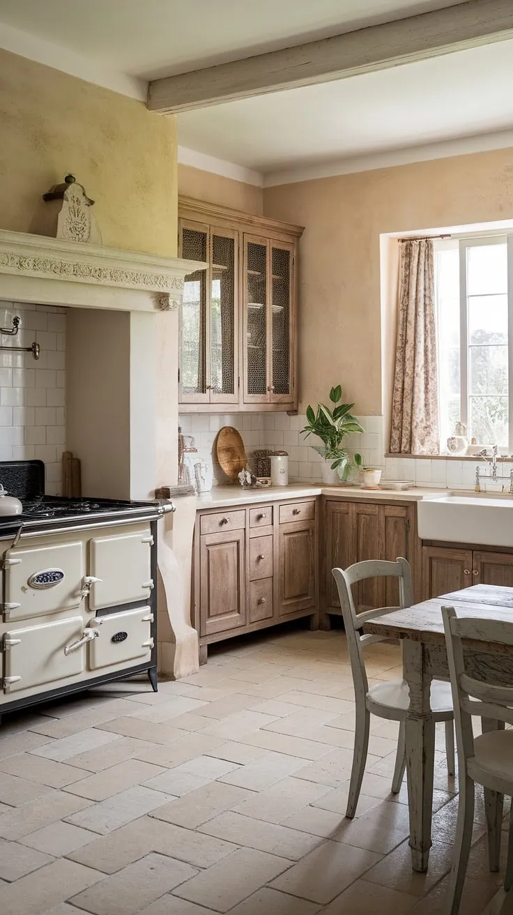 Step into this charming French country kitchen, where rustic kitchen cabinets and a farmhouse interior design create a space brimming with warmth and character. The shabby chic decor, complete with a vintage stove and white farmhouse sink, perfectly complements the cottage kitchen aesthetic.  This French farmhouse kitchen is a dream come true.