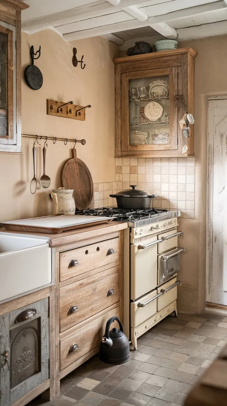 The heart of this French farmhouse, a cottage kitchen brimming with rustic kitchen cabinets and shabby chic decor.  Every detail whispers of French country kitchen charm, a testament to timeless farmhouse interior design.