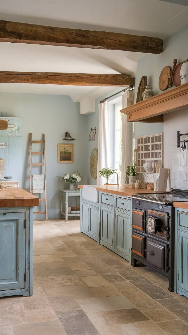 The heart of this French farmhouse, a cottage kitchen brimming with rustic kitchen cabinets and shabby chic decor.  Every detail whispers of French country kitchen charm, a testament to timeless farmhouse interior design.