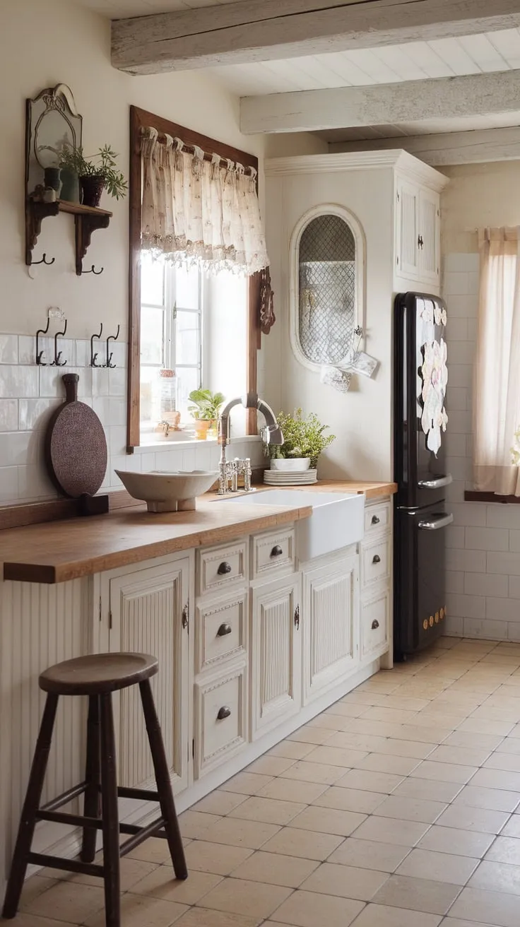 Step into a world of French country kitchen dreams. This farmhouse interior design showcases rustic kitchen cabinets and the effortless elegance of shabby chic decor, creating a truly enchanting French kitchen.