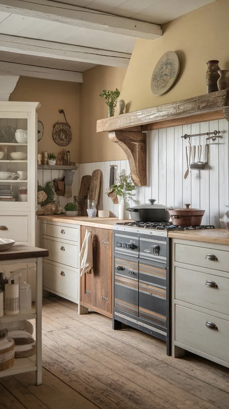 Step into a world of rustic elegance. This French kitchen, with its farmhouse interior design and charming shabby chic decor, embodies the spirit of a French country kitchen in every detail.