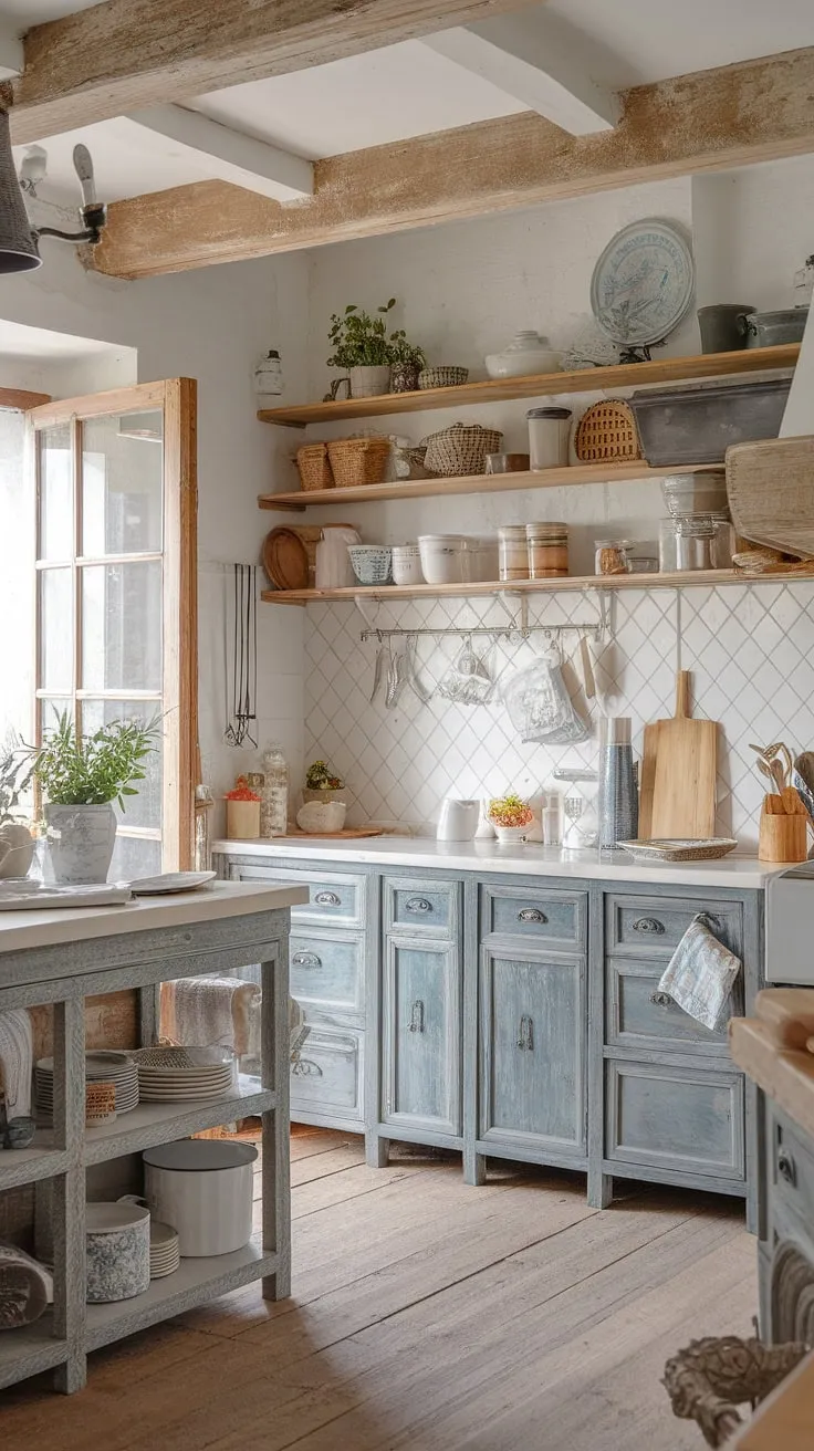 This charming cottage kitchen embodies the spirit of a French farmhouse.  Rustic kitchen cabinets and shabby chic decor blend seamlessly within the French kitchen's design, creating a farmhouse interior that's both inviting and effortlessly elegant.