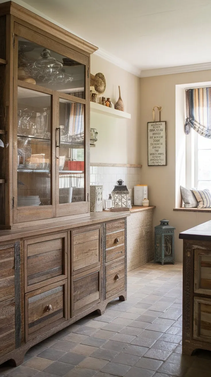 This French kitchen embodies the perfect blend of rustic charm and French farmhouse style.  The distressed finish of the rustic kitchen cabinets, combined with the cottage kitchen's cozy atmosphere, creates a truly captivating shabby chic decor.