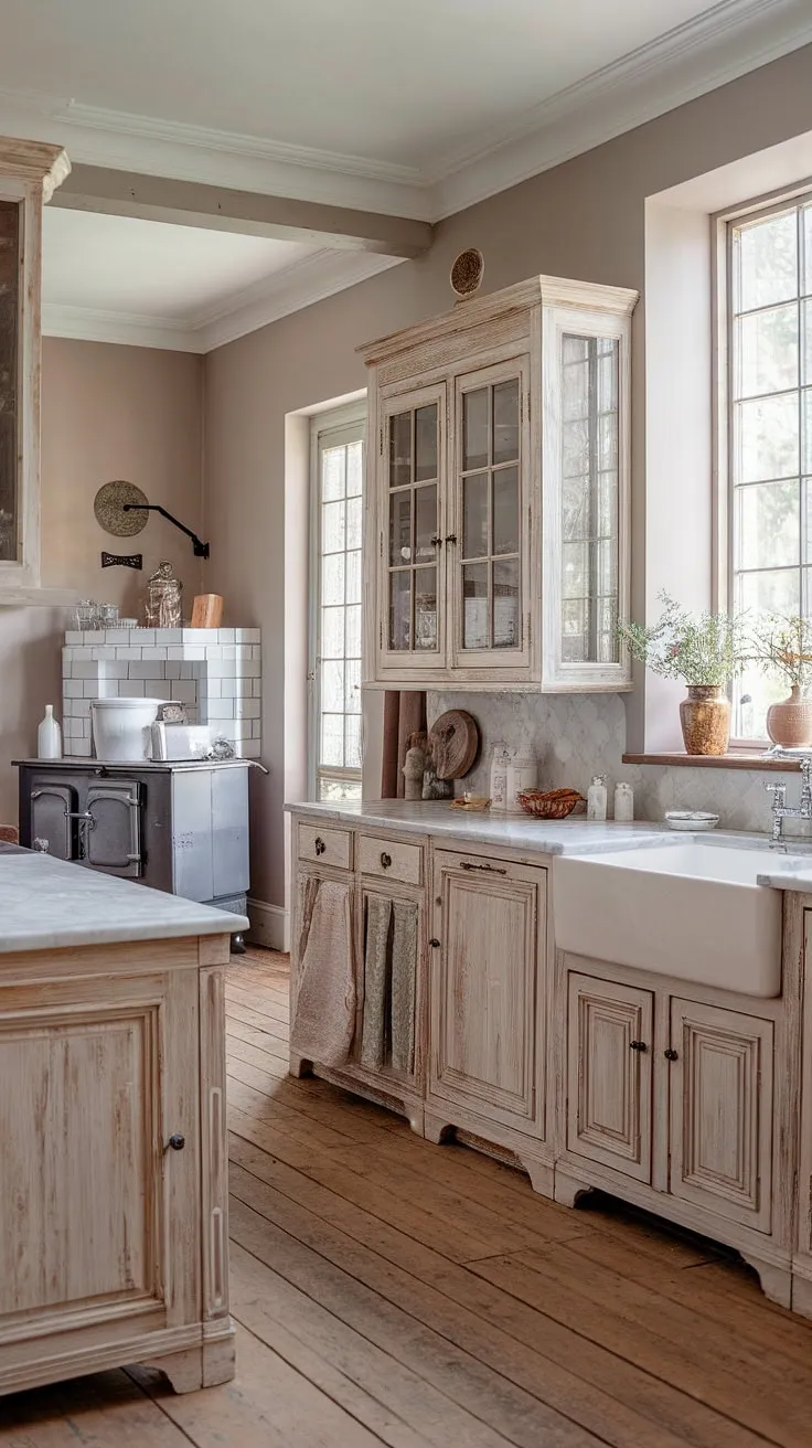 Step into a world of French country kitchen dreams. This farmhouse interior design showcases the beauty of rustic kitchen cabinets and a shabby chic aesthetic, creating the perfect French kitchen haven.