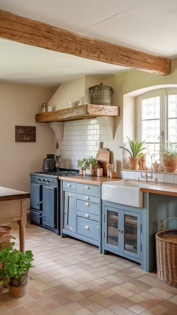 The heart of this French farmhouse, a cottage kitchen brimming with rustic kitchen cabinets and shabby chic decor.  The epitome of French country kitchen charm.