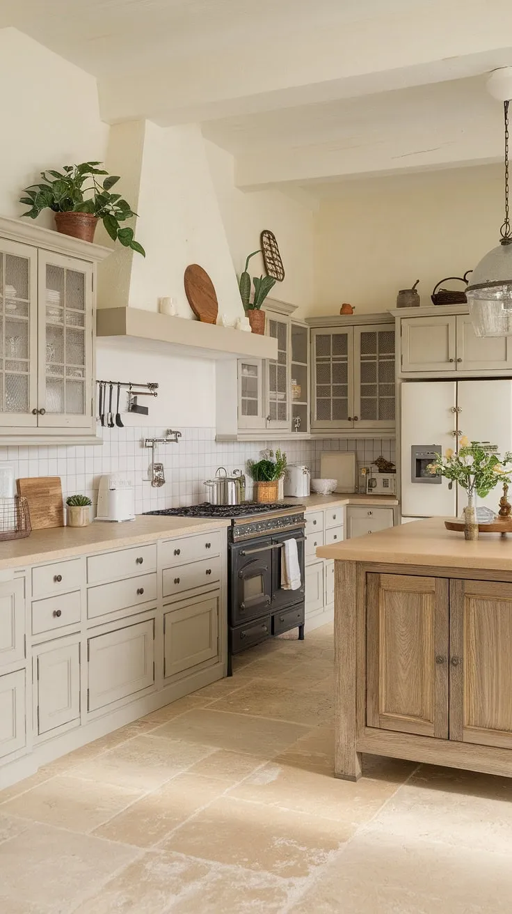 Step into a world of French country kitchen dreams. This farmhouse interior design showcases the beauty of rustic kitchen cabinets and the effortless elegance of shabby chic decor, creating a truly enchanting French kitchen.