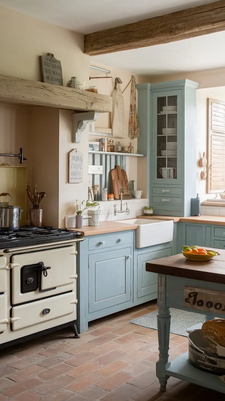 This French kitchen embodies the essence of a French farmhouse.  Rustic kitchen cabinets painted a delicate blue, combined with a vintage stove and wooden island, create a captivating shabby chic decor within this cottage kitchen's farmhouse interior design. The terracotta tiles underfoot complete the idyllic scene.