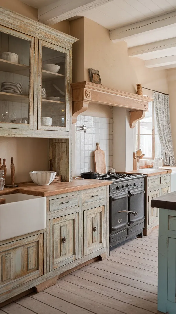 The epitome of French farmhouse style, this kitchen boasts rustic kitchen cabinets showcasing a beautiful shabby chic decor.  The light wood floors and beige walls complement the vintage oven and wooden countertops, creating a truly idyllic French kitchen setting. A perfect blend of cottage kitchen charm and French country elegance.
