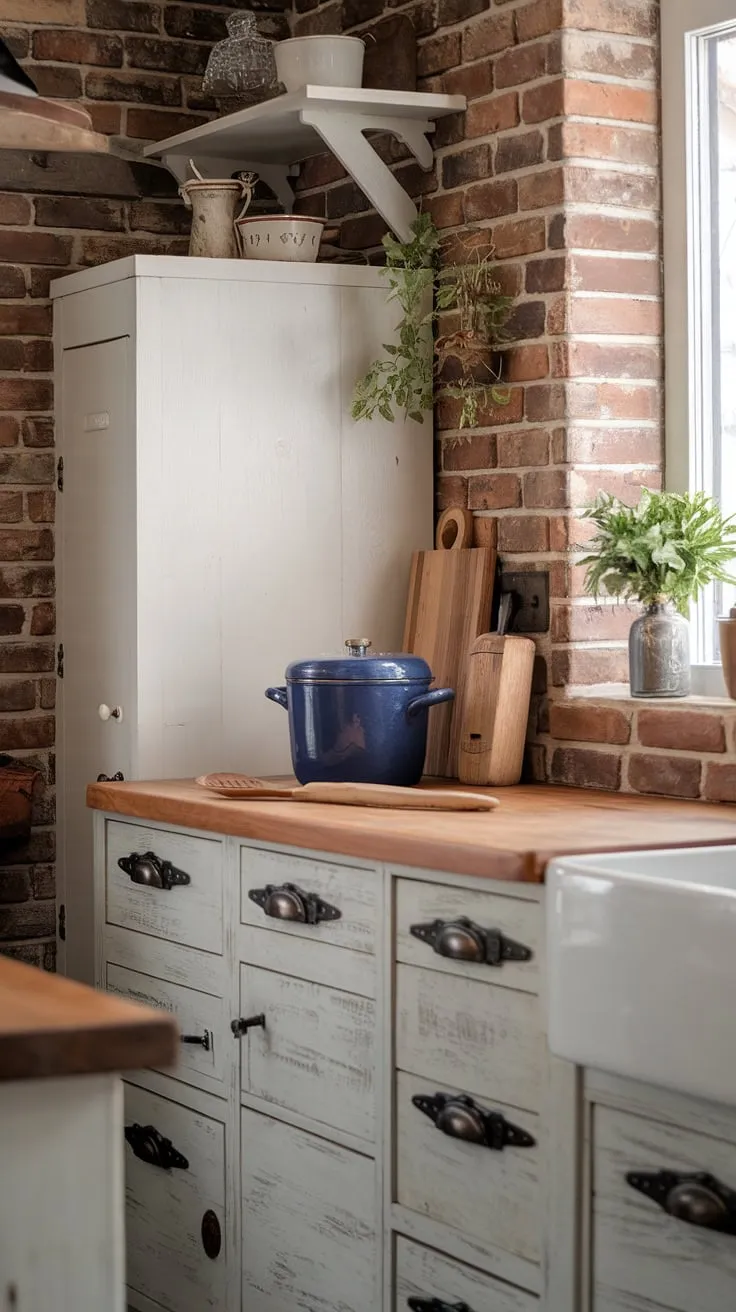 This French kitchen is the epitome of French farmhouse style.  Rustic kitchen cabinets, a whitewashed finish, and the subtle touches of shabby chic decor combine to create a cottage kitchen brimming with character.  The scene is pure farmhouse interior design, a haven of calm and rustic charm.