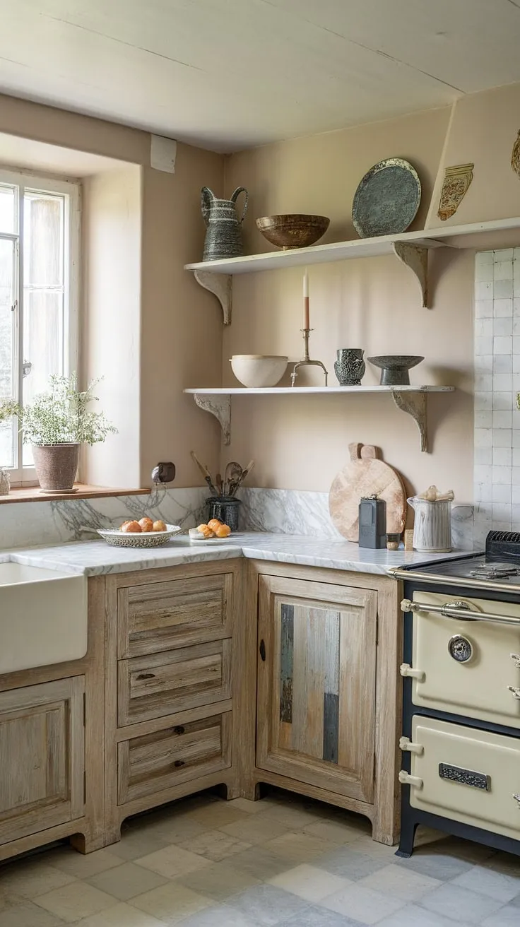 The heart of this French farmhouse, a cottage kitchen brimming with rustic kitchen cabinets and shabby chic decor.  The epitome of French country kitchen charm.