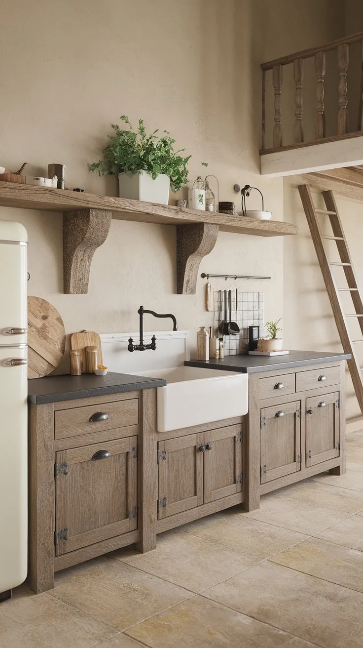 The heart of this French country kitchen, with its rustic kitchen cabinets and farmhouse interior design, whispers tales of simpler times.  The shabby chic decor and cottage kitchen charm create a space that's both inviting and effortlessly elegant.  A true French farmhouse dream.