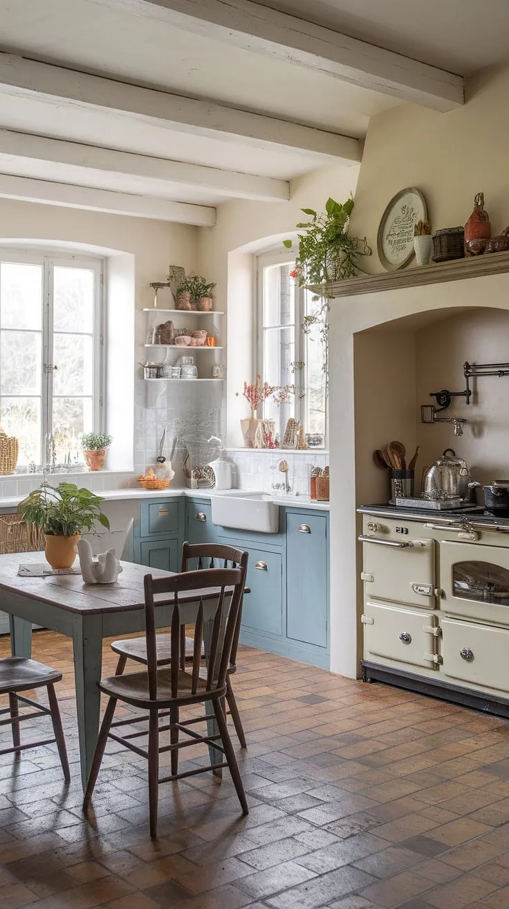 This French kitchen embodies the perfect blend of French farmhouse and cottage kitchen styles.  Rustic kitchen cabinets and a shabby chic decor create a welcoming atmosphere, while the farmhouse interior design and vintage stove add a touch of timeless elegance to this terracotta-tiled haven.