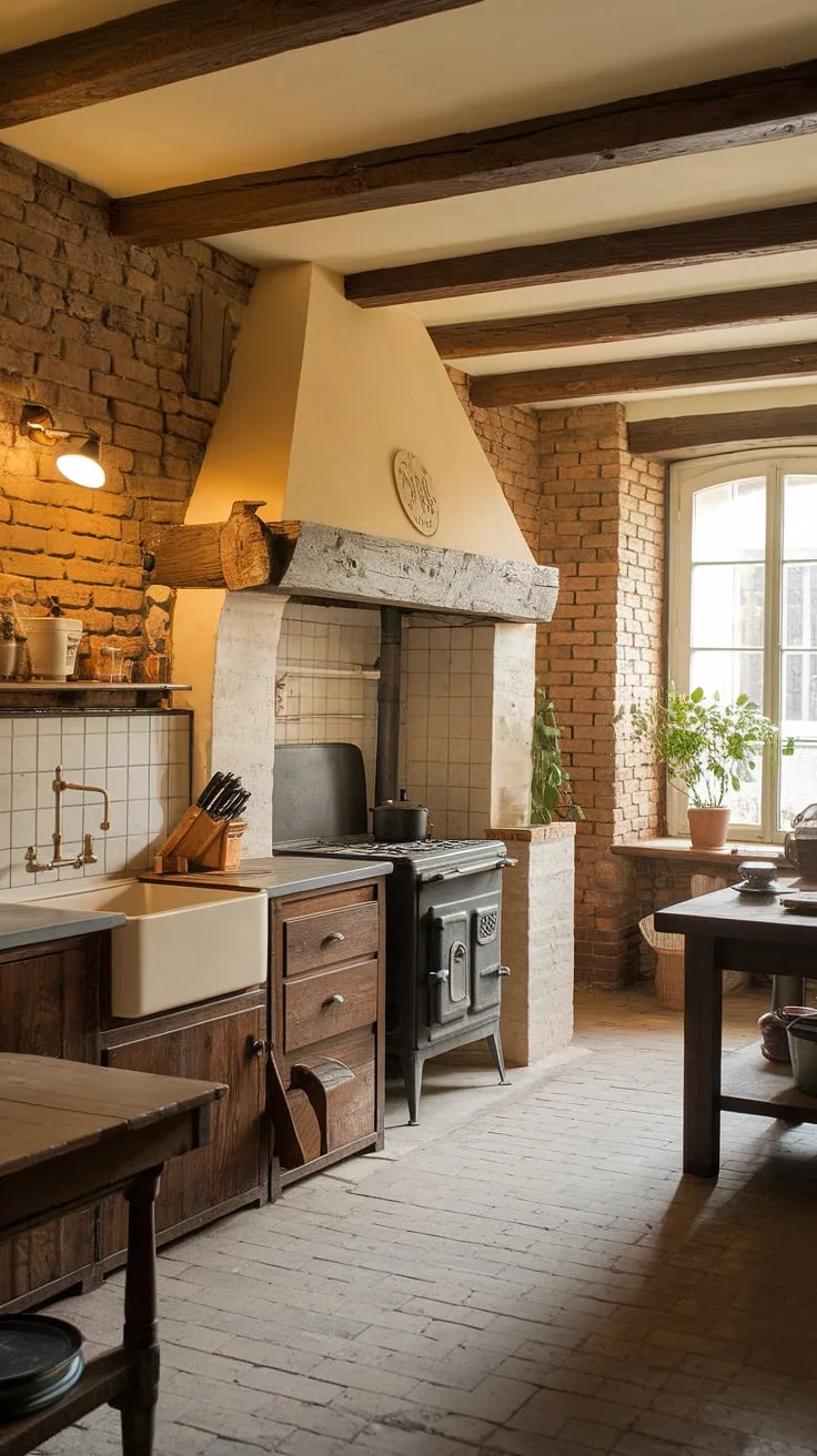 A French country kitchen evokes a sense of history with exposed brick, dark wood cabinets, and a worn tile floor, creating a cozy atmosphere.