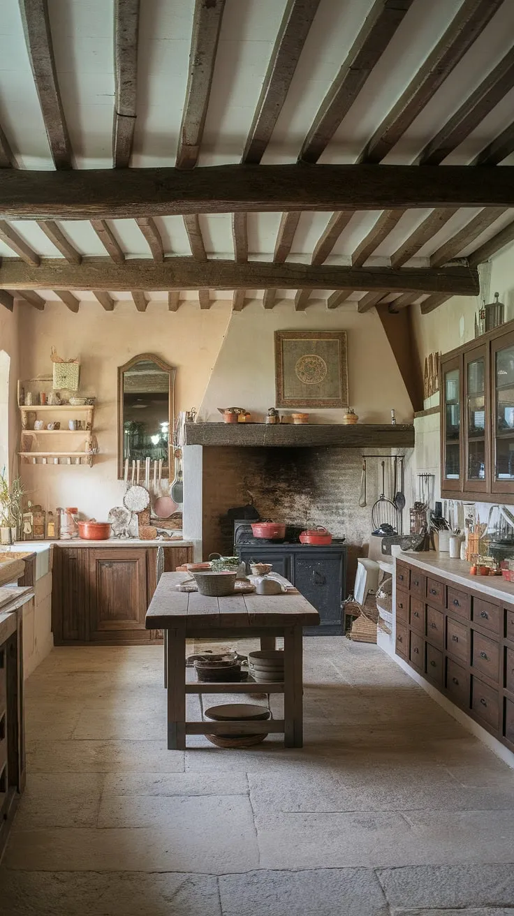 A French country kitchen evokes a sense of history with its aged wood, stone, and charming details.