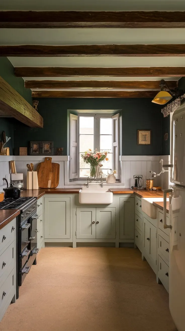 Warmth and old-world charm fill this French country kitchen, its dark green walls and white cabinets creating a captivating space