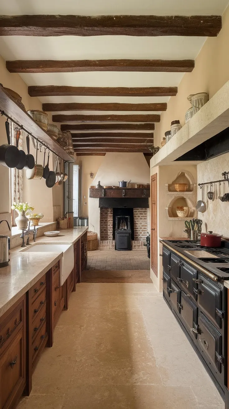 Beige tones and dark wood create a warm, inviting atmosphere in this French kitchen, highlighted by a black fireplace and aged details.