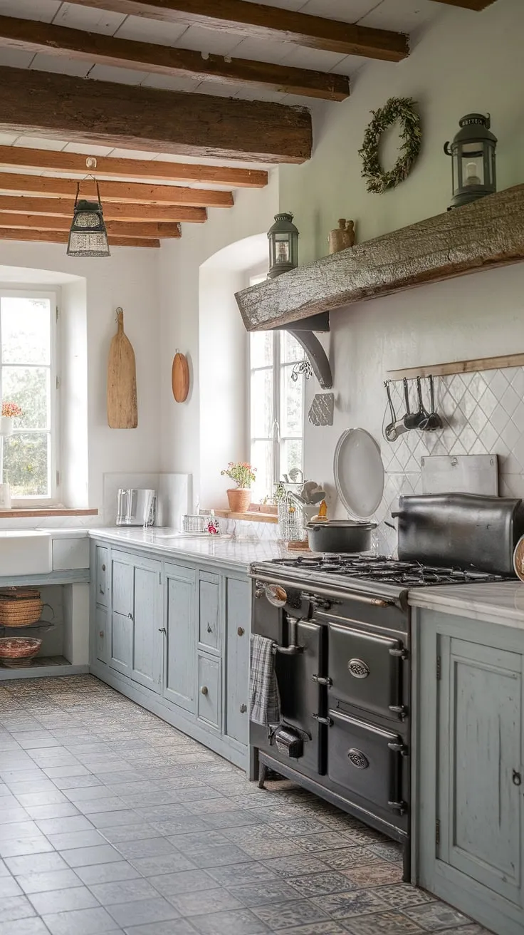 Elegant French country charm fills a bright kitchen with aged cabinetry, a hearth, and vintage details.